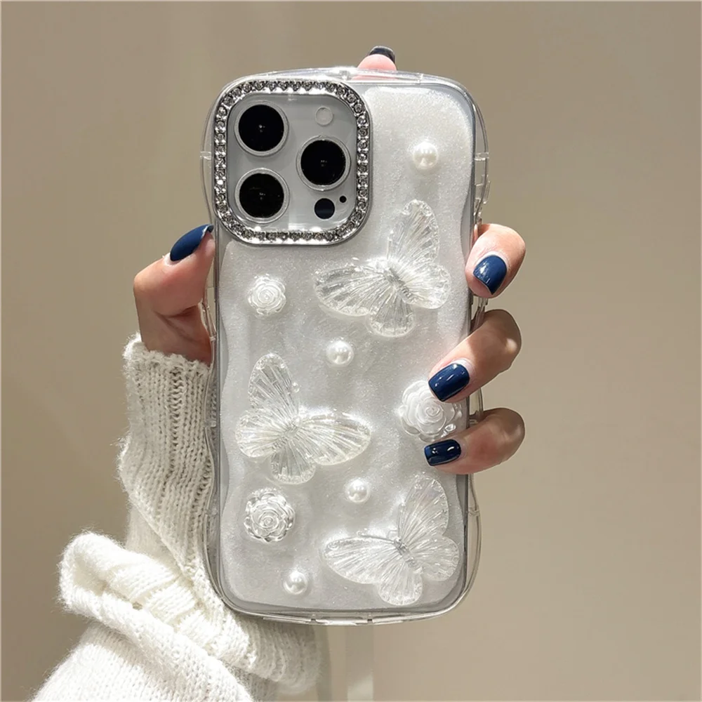 

Cute 3D Flower Butterfly Water Ripple Phone Case for iPhone 17 Pro 16 15 14 13 16 Pro Max Cover Silicone Cases for Women's Funda