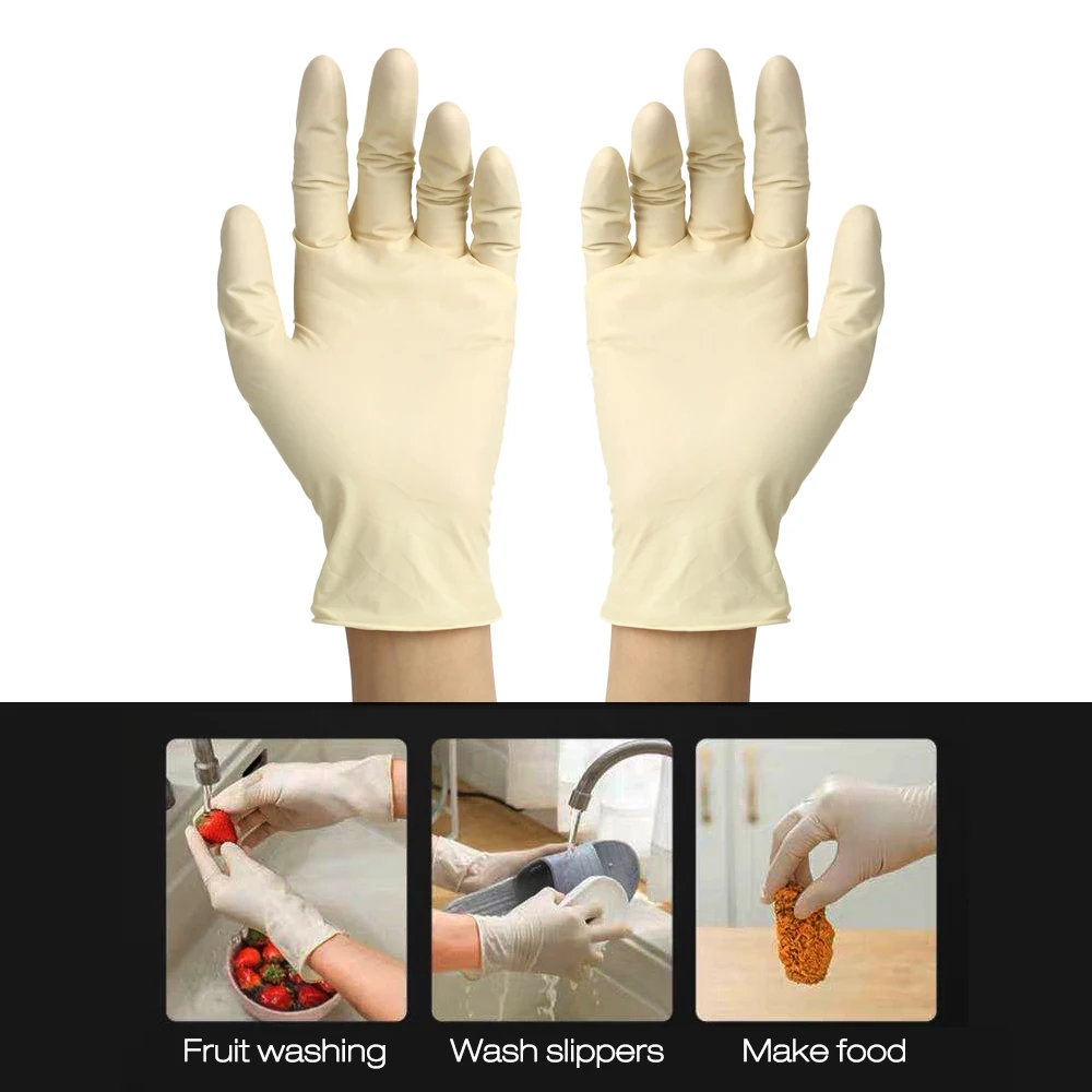 

100 Pcs/Disposable Gloves Thick Powder-Free Rubber Latex Stretchy Gloves Sterile Food Safe Grade for Home Food Laboratory Use