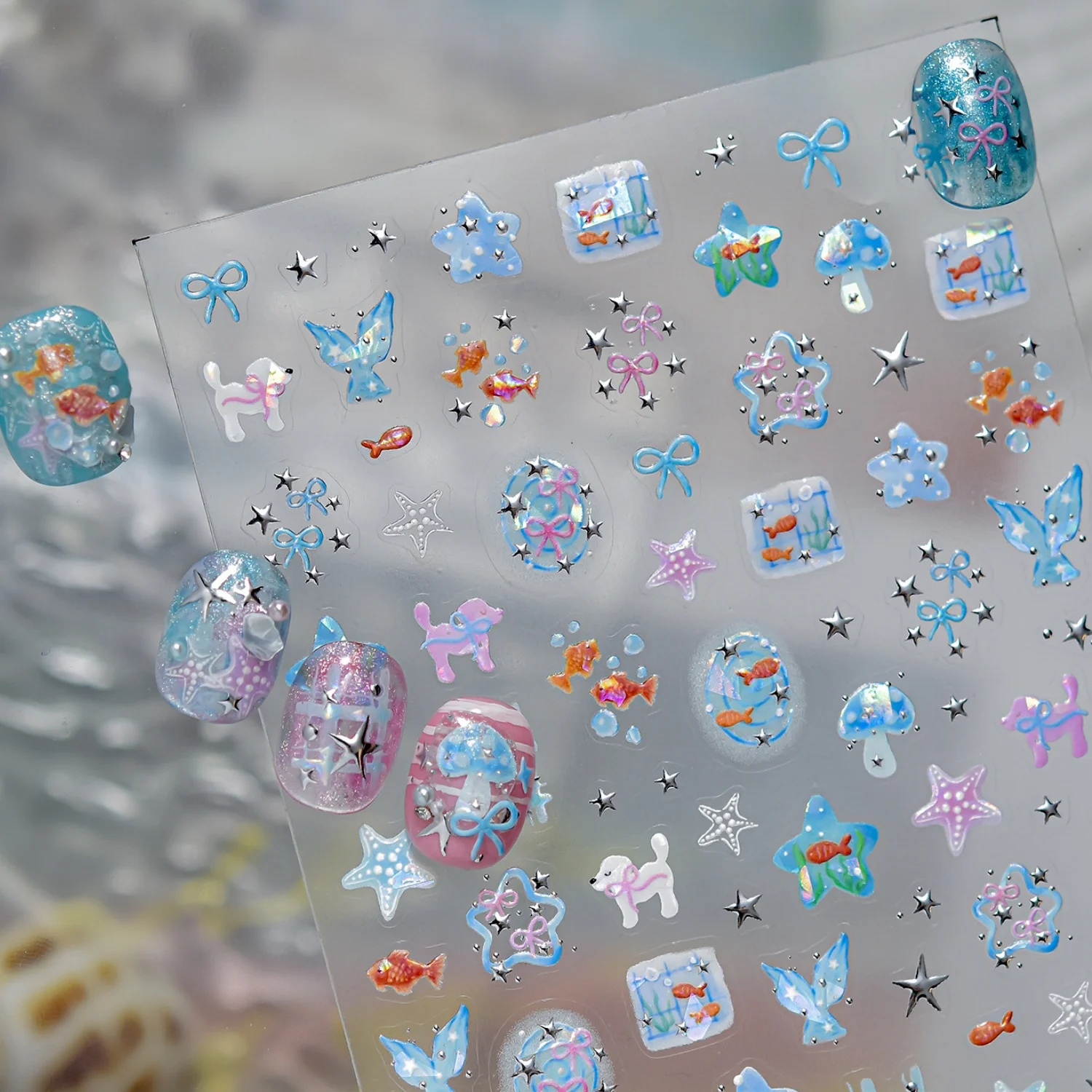 5D Starfish Fish Tail Small Fish Blue Bow Shell Silver Glitter Star Nail Art Stickers Ocean Fantasy Summer Nail Decals Manicure