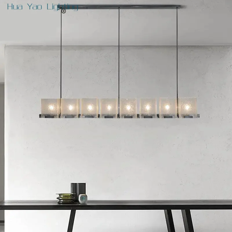LED chandeliers in restaurants, modern and minimalist dining room tables, bar lamps, and long strip lighting decorations