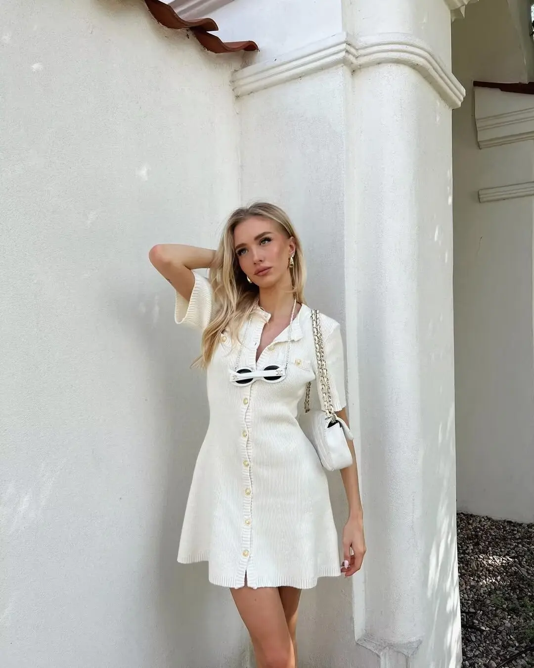 TRAFZA Dress For Women Summer Vintage White Knit Short Sleeved Dress Woman Fashion Elegant Button Decoration Mini Dresses Traf