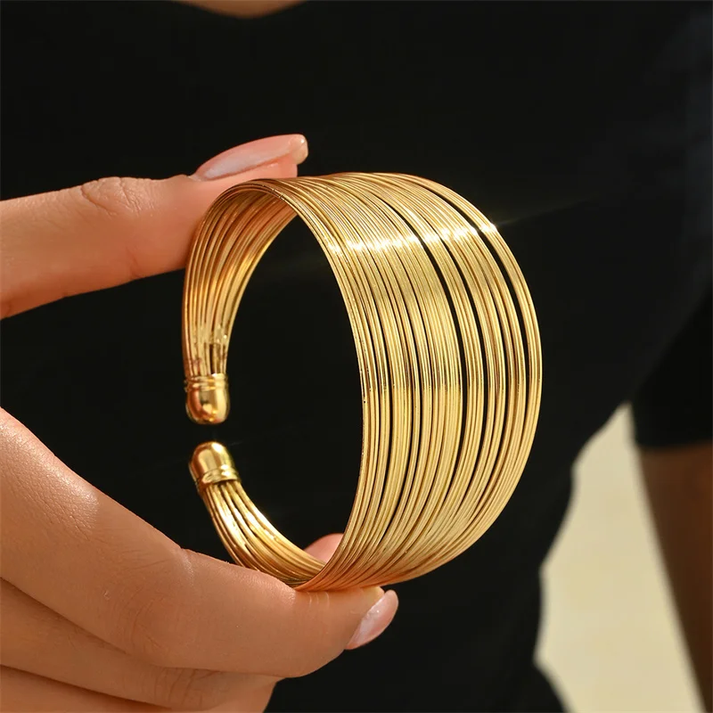 Vintage Gold Farbe Multi-Schicht Öffnung Breite Manschette Armband für Frauen Übertriebene Metall Linien Handgelenk Armband Party Schmuck Geschenk – Detail 9