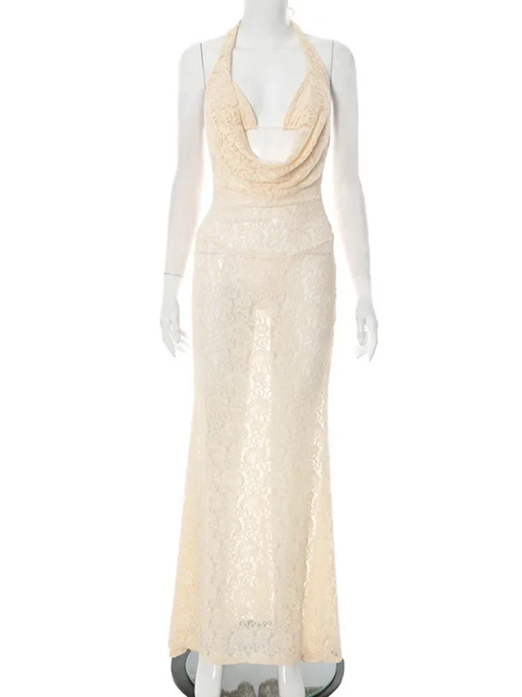 Halter Lace Sexy Hollow Out Maxi Dress For Women Off-shoulder Slim Fit High Waist Sleeveless Backless Club Party Dress
