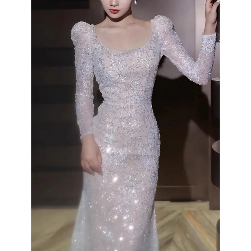 Fishtail luz vestido de casamento manga longa nupcial high-end fio de boas-vindas lantejoulas es estilo fotopolitan luz luxo banque anfitrião dre