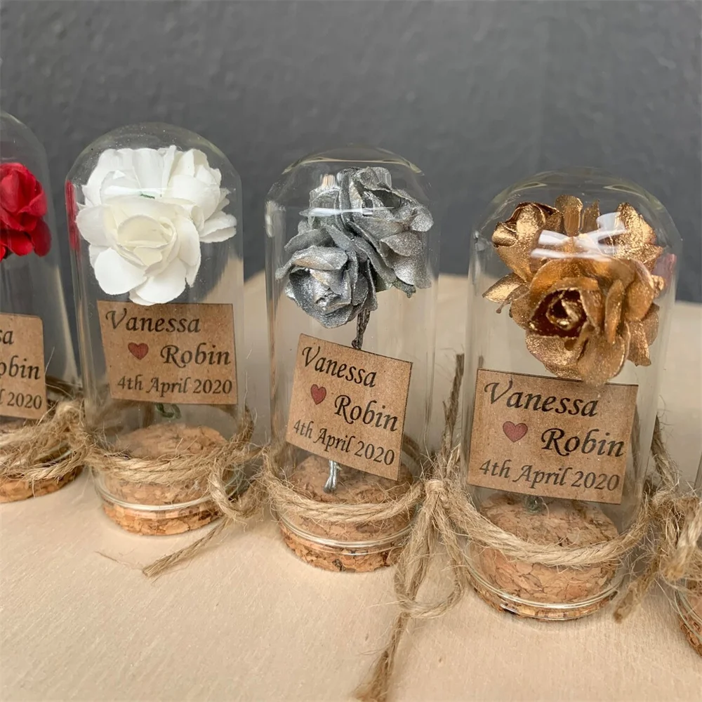 Personalised Wedding Party Thank you Favors for Guests Beauty And The Beast Rose Enchanted Rose Rose In Mini Glass Dome Wedding