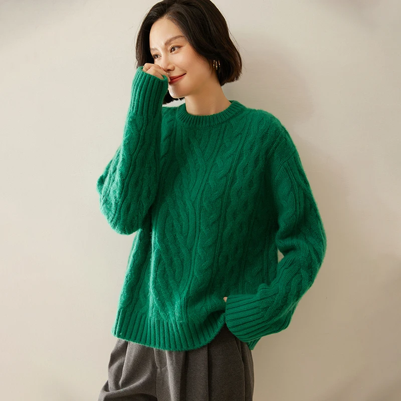 New Autumn Winter Women's 100% Cashmere Thick Sweater O-neck Pullovers Cashmere Knitwear Loose Comfy Jersey Female Clothing Tops