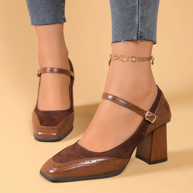 

New Square Toe Shallow Mouth Spliced Suede Non-Slip Wear-Resistant High Heels One Strap Block Heel Single Shoes