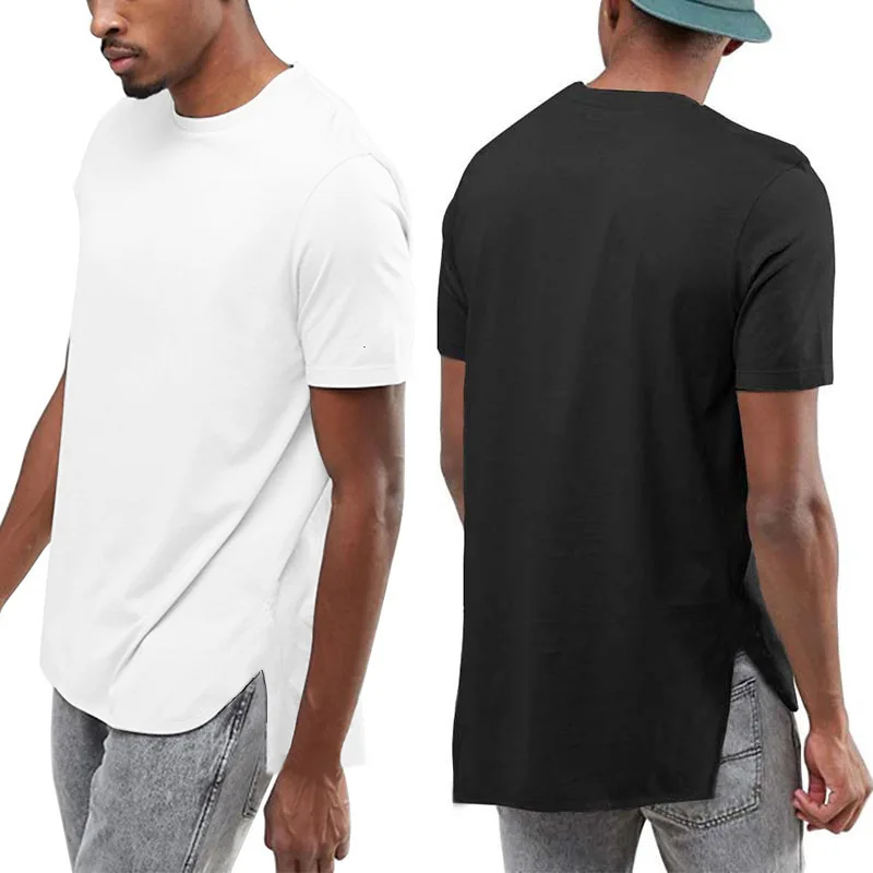 Oversize Loose Front Hem Arc Lengthened Men's Bottom T-shirt with Side Split High Street Solid Short Sleeves