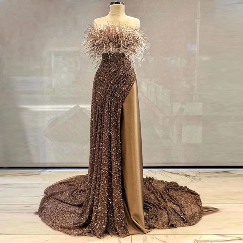 

Sexy Feather Ball Dress Sequin Half Body Party Cocktail Party Dress High Split Evening Dress Plus Size Customization