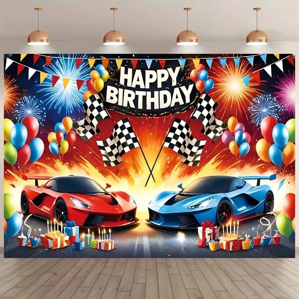 1pc vibrant cartoon racing themed birthday background banner, red and blue supercar design, polyester birthday party photo backg