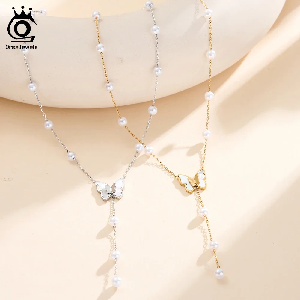 

ORSA JEWELS Stainless Steel Butterfly Trendy Shell Pearls Chain Necklace for Women Y-Shaped Gold Plated Party Jewelry STPN06