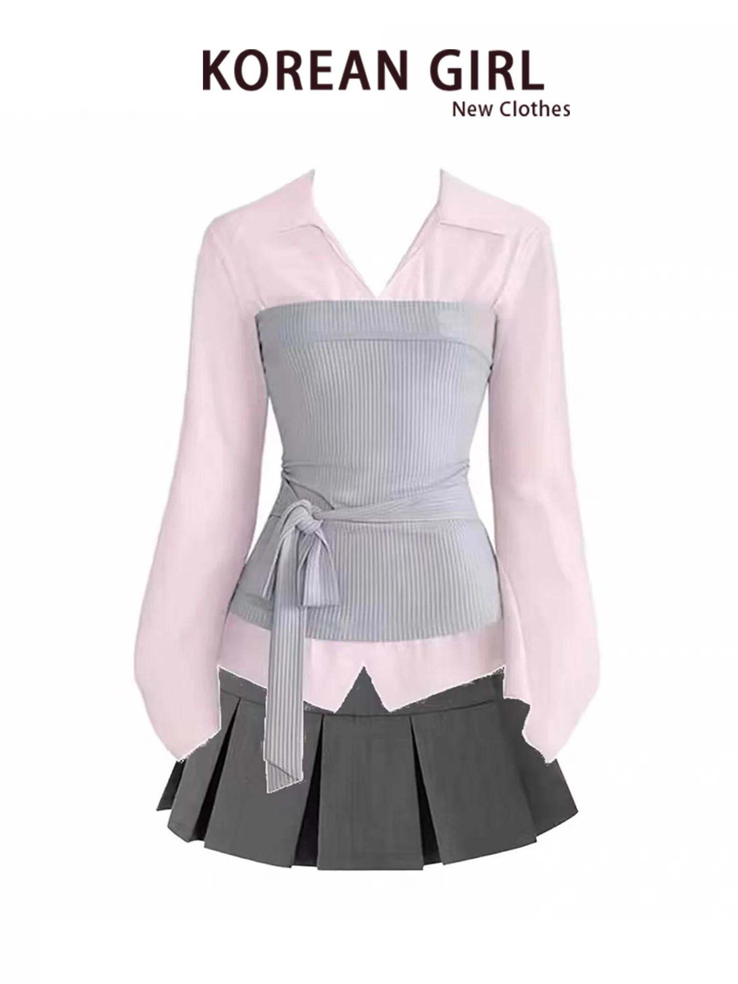 Korean College Style Grey Plaid Shirt And Skirt Set Women's Fashion Ensemble Autumn Wear Padded Long Sleeve  Neck Top