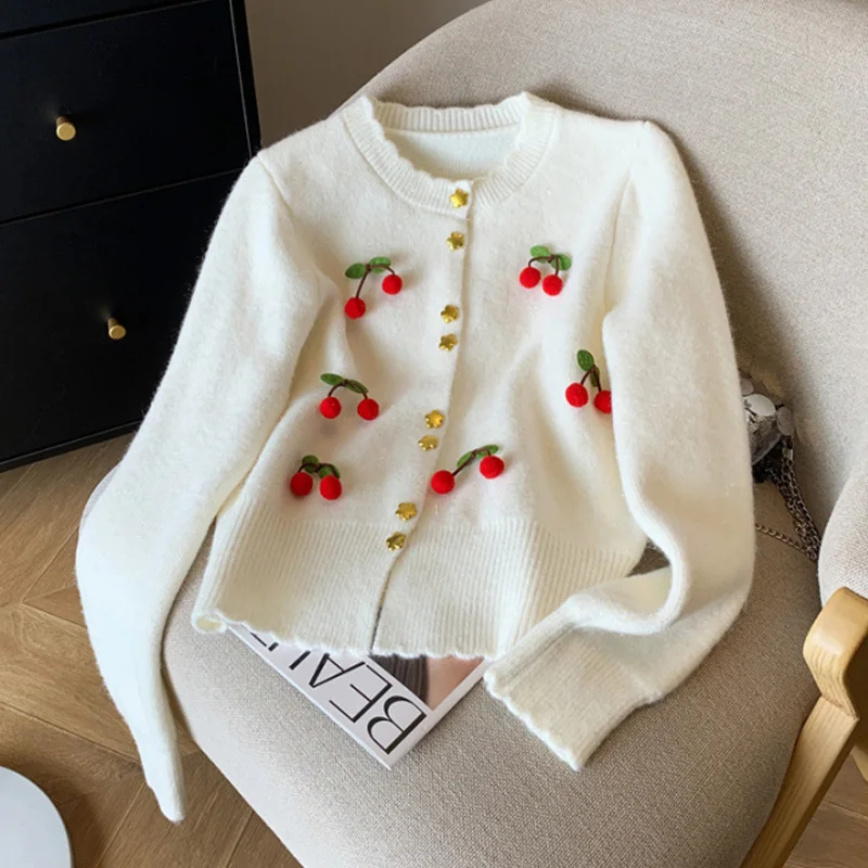 Elegant Women Cardigans 2024 Spring Sweet Star Single Breated Cherry Decoration Soft and loose Sweater