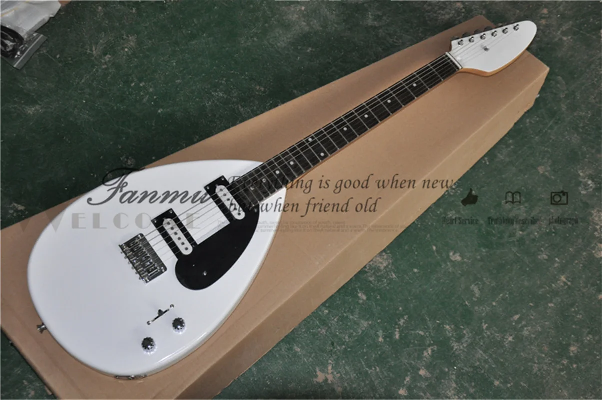 custom 6 string guitar,white guitar,HH pickups, black pickbuard,fixed bridge,rosewood frets,2 stwich chrome button