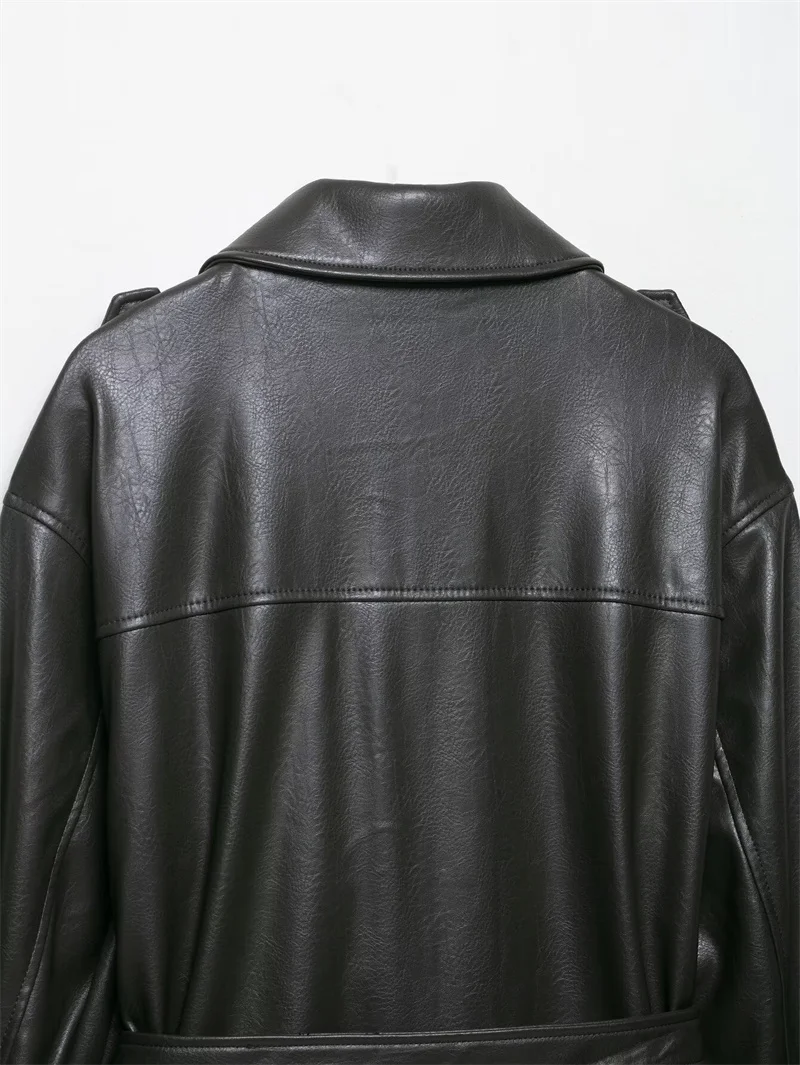 سترة نسائية خريف جديد 2025 سترة من الجلد الصناعي بأكمام طويلة باللون الأخضر الداكن مع زخرفة جيب مع حزام شخصية غير رسمية Mot #5