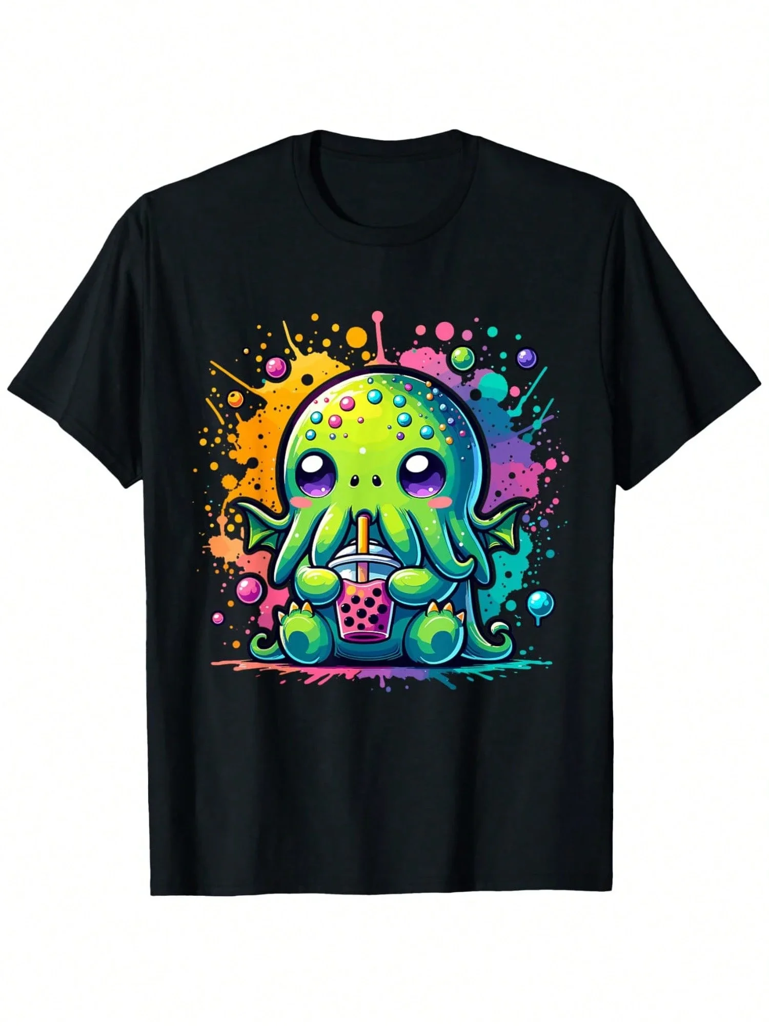 Cthulhu Kawaii Anime Alien Bubble Tea Men's Summer Casual T-Shirt, Comfortable, Street Hip Hop Style T-Shirt All-Season Wear Individuality Unisex Top