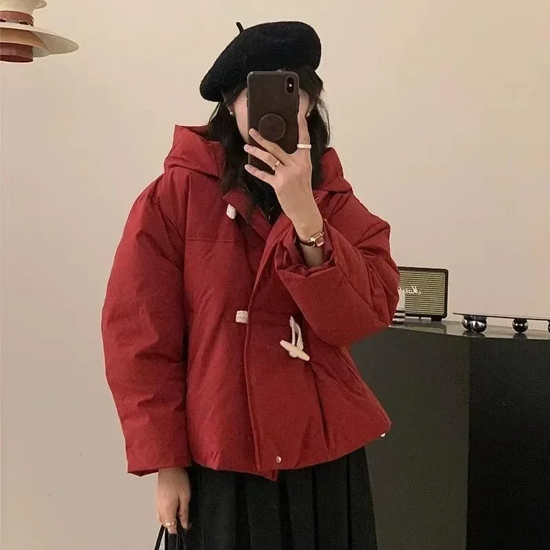 Parkas décontractés à capuche pour femmes avec bouton en corne rose, vêtements chauds, boutonnage simple, automne, hiver, chic, nouveau