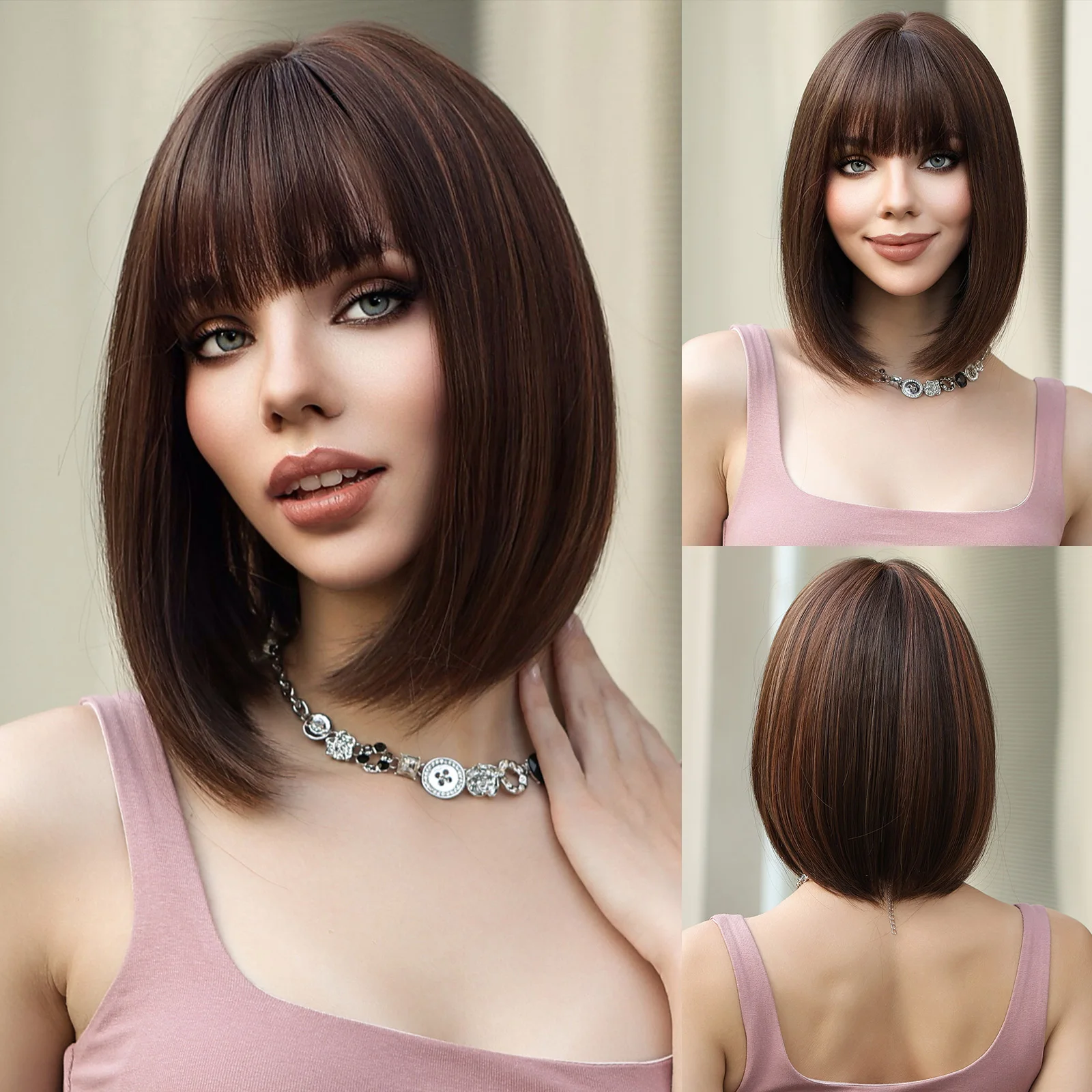 Straight Bob Synthetic Wigs Chocolate Brown Bob Wigs with Bangs Dark Brown Hair for White Black Women Daily Use Heat Resistant