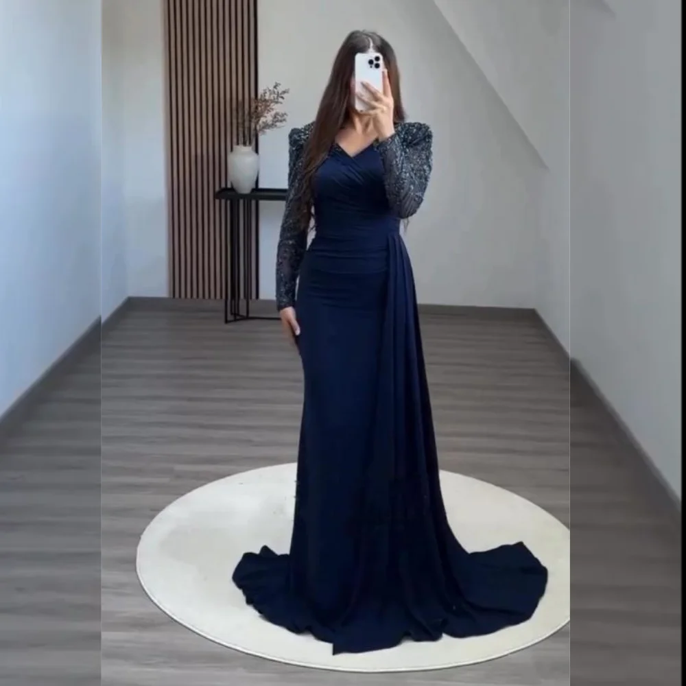 

Customized Jersey Pleat V-neck Trumpet Floor-length Bespoke Occasion Women Luxury Evening Dresses Classic Elegant High Quality