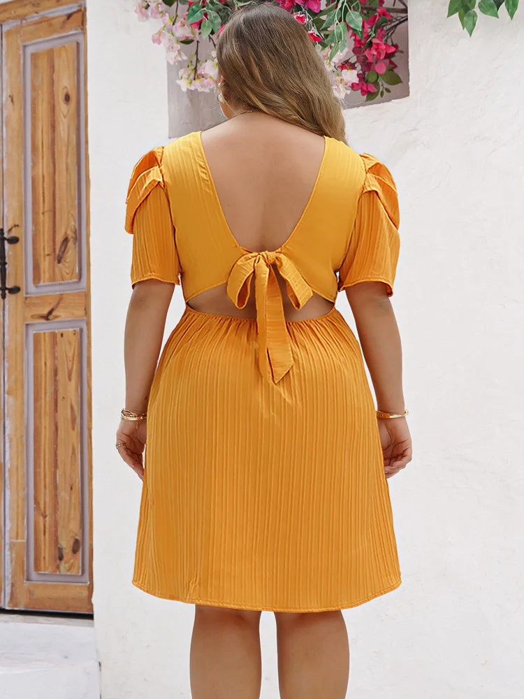 GIBSIE Plus Size Holiday Backless Bowknot Short Dress Women 2024 Summer Puff Sleeve O-Neck Cutout Sweet A-Line Dresses