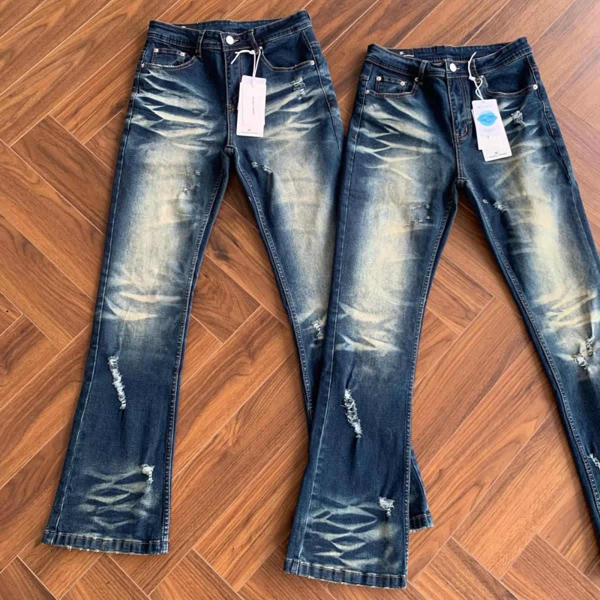 

Summer Men's Clothing Vintage Washed Distressed Ripped Baggy Jeans For Man Slim Fit Flare Cleanfit Heavyweight Denim Pants