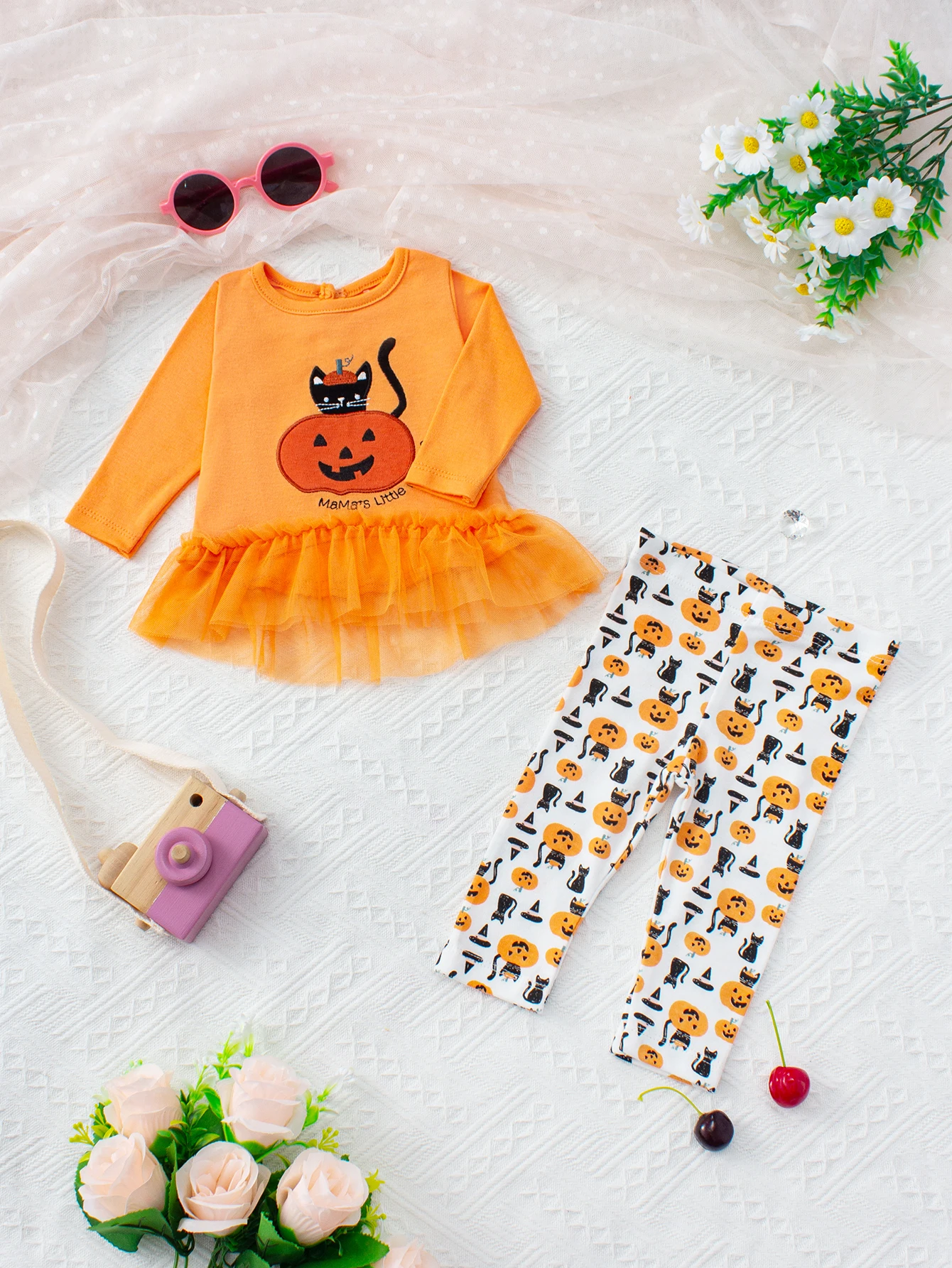 2PCS New Autumn/Winter Girl Baby Halloween Pattern Set Long sleeved Skirt Top+Leggings Cute Princess Style Cotton Soft, Comforta