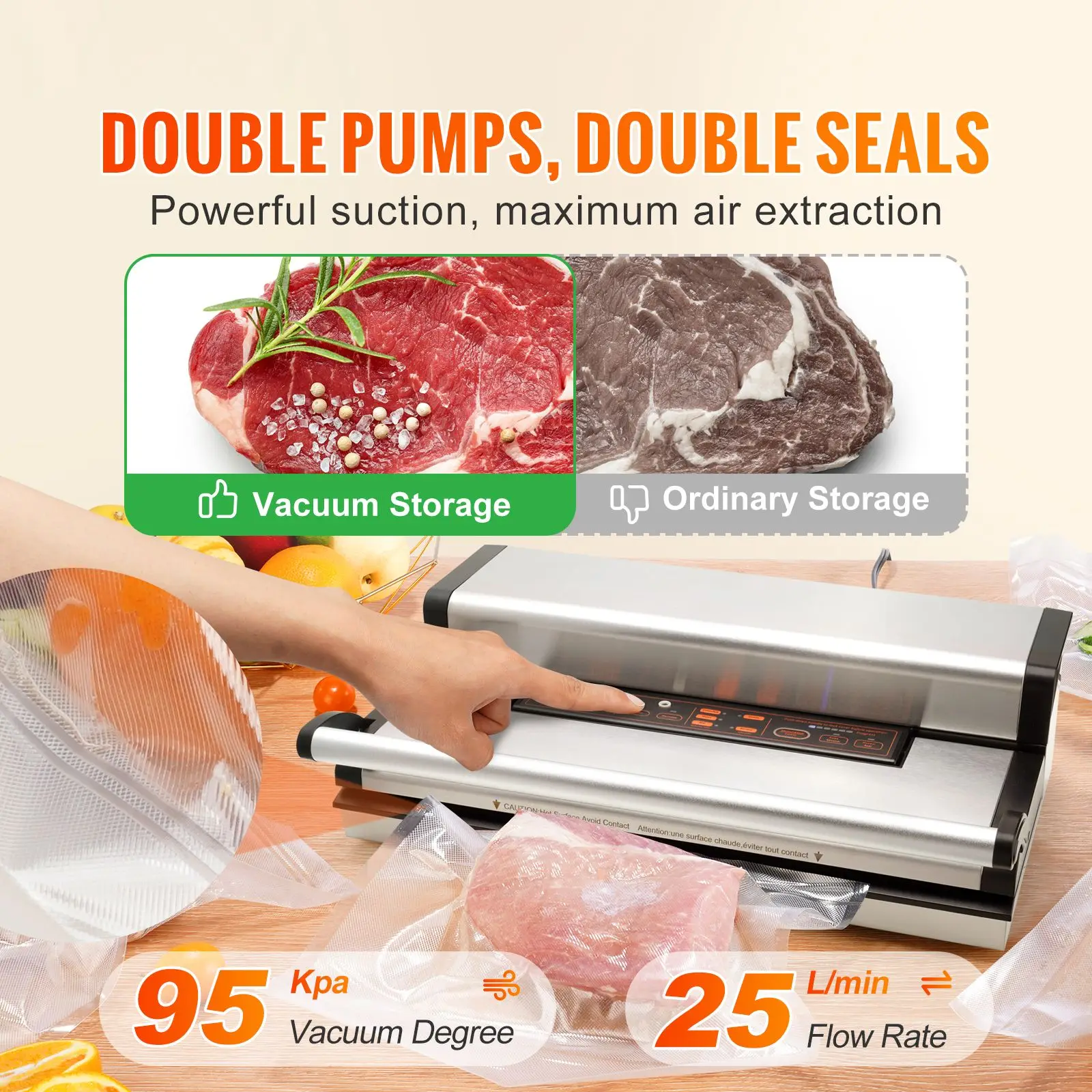 Vacuum Sealer Machine, 95Kpa 350W Powerful Dual Pump and Dual Sealing, Dry and Moist Food Storage, Automatic and Manual Air Sealing System with Built-in Cutter, with Seal Bag and External Hose