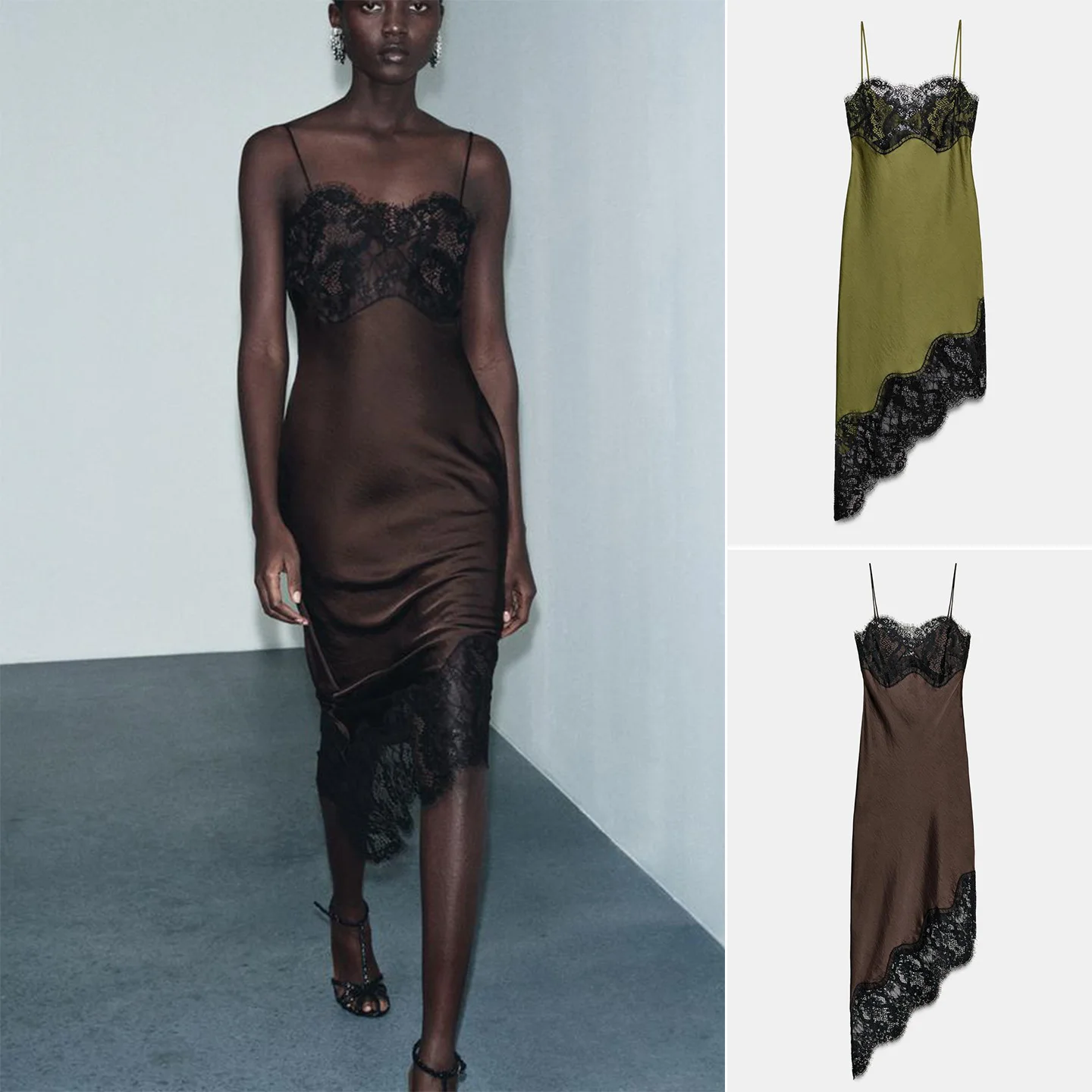 Asymmetrische Farbe Blo Spitzenbesatz Seidensatin Feel Dr Damen Faion Commute Sle Maxi Dr Svel Round Neline