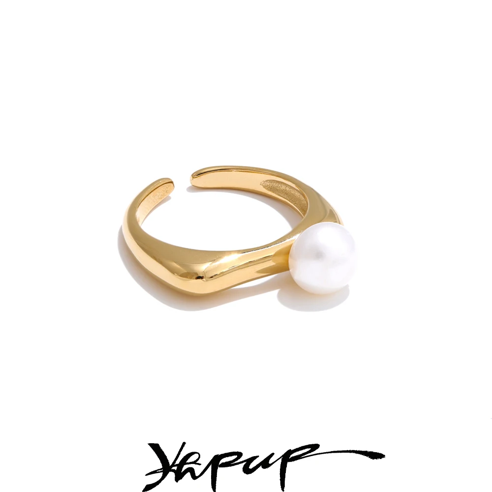 Yhpup 7# Fashion Natural Pearl Delicate Open High Quality Ring 18K Gold PVD Plated Trending Stylish Jewelry New Gift