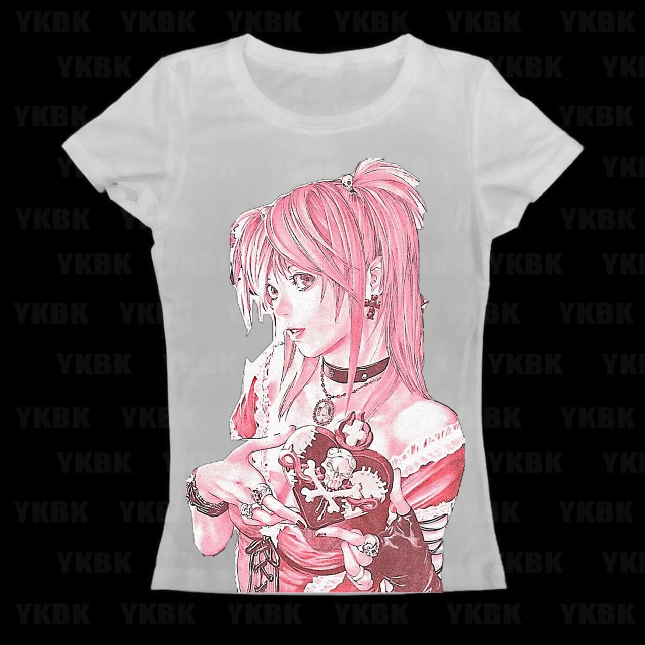 Y2K Gothic Women T-shirt Misa Amane Death Note Anime Graphic Tee Pink Manga Skull Heart Print Short Sleeve Slim Daily Girly Tops
