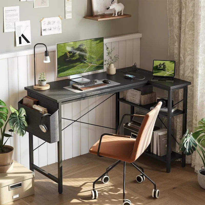 Small Computer Desk with Power Outlets, 40 Inch L Shaped Desk with Reversible Shelves