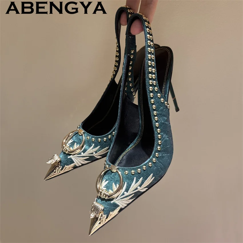 

Женские летние сексуальные босоножки-гладиаторы на высоком каблуке-шпильке с вышивкой и металлическими заклепками, модные туфли для платья, zapatillas mujer