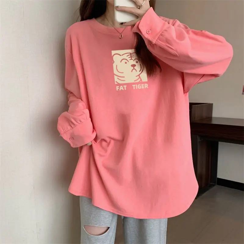 Women\'s Clothing Long Sleeve Pullovers O-neck Printing Solid Color Simplicity Spring Autumn Thin Casual Fashion Loose T-Shirts