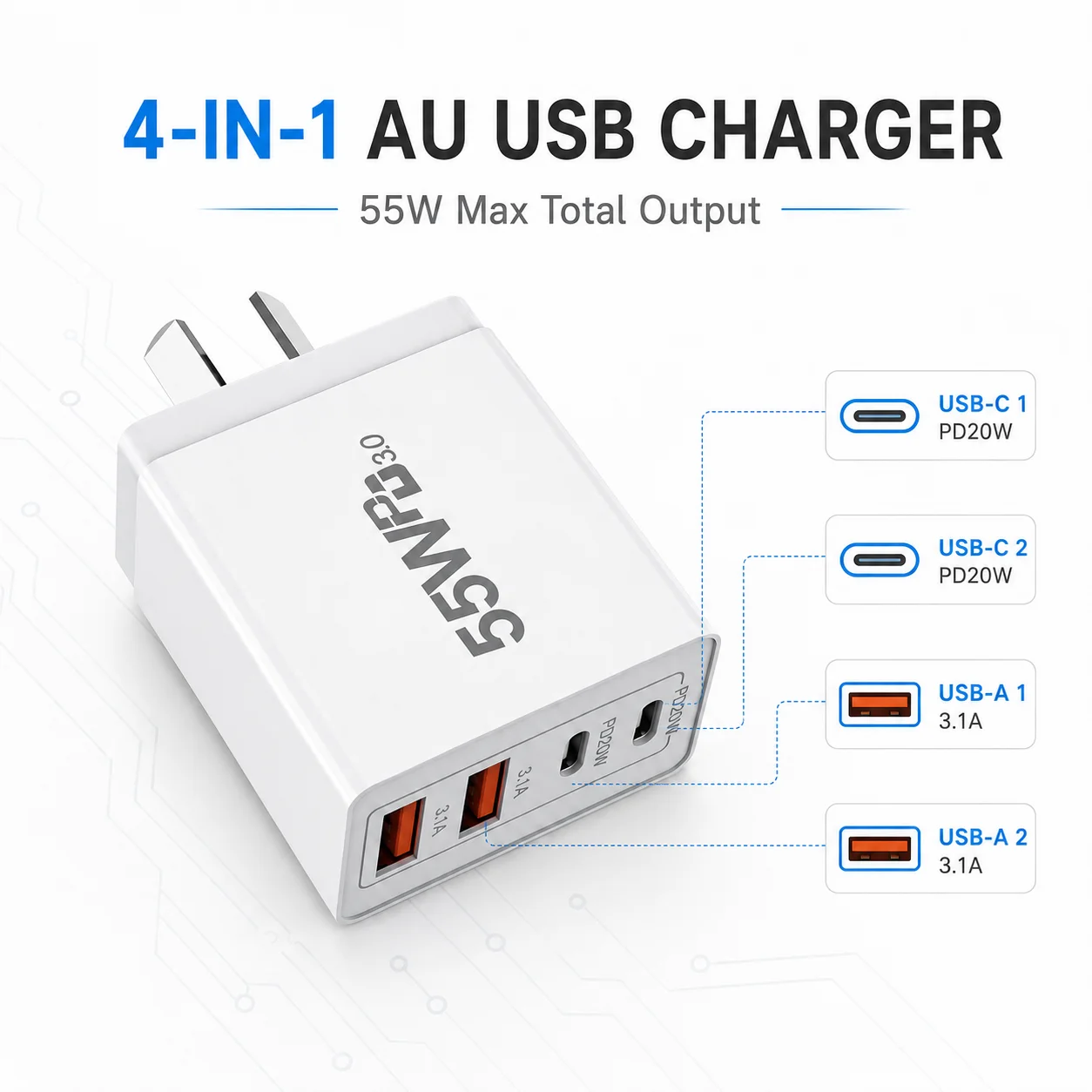 55W 65W AU Plug USB C Fast Charger PD Quick Charge Wall Adapter Type C Power Charger for iPhone Samsung Xiaomi Redmi Smartphone