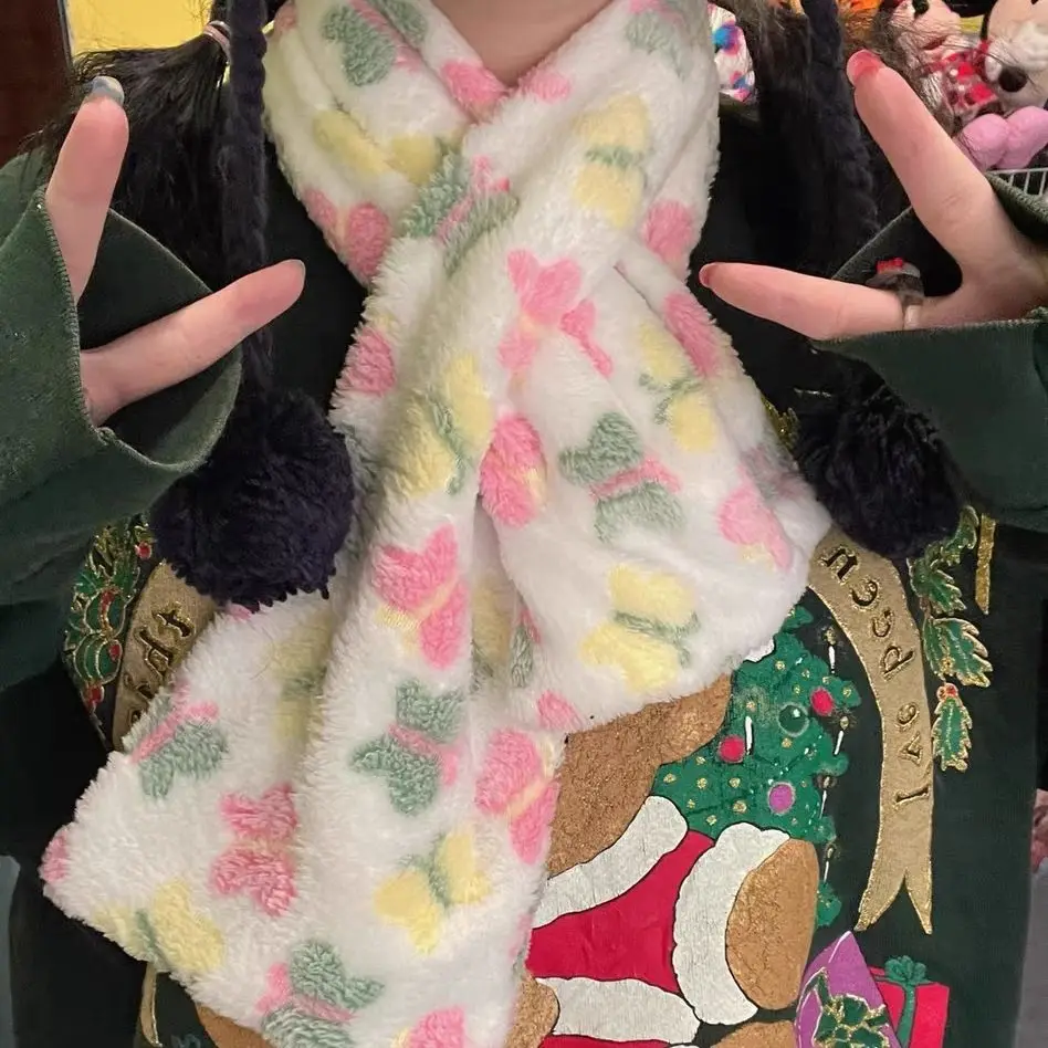 Stylish Furry Scarf for Outdoor Activities Winter Thick Wrap Warm Scarf Trendy Colorful Star Scarf Thickened Long Cute