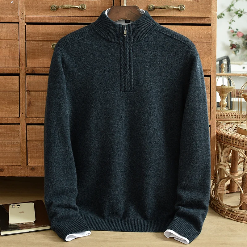 

ZNTX Thickened pure cashmere sweater men's zipper half high neck middle-aged solid color pullover casual warm sweater high-end