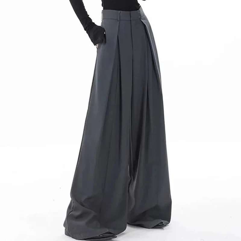 

Women Korean Draped Grey Trousers Spring Fall High Waisted Wide Leg Pants Premium Loose Casual Street Minimalist Pants
