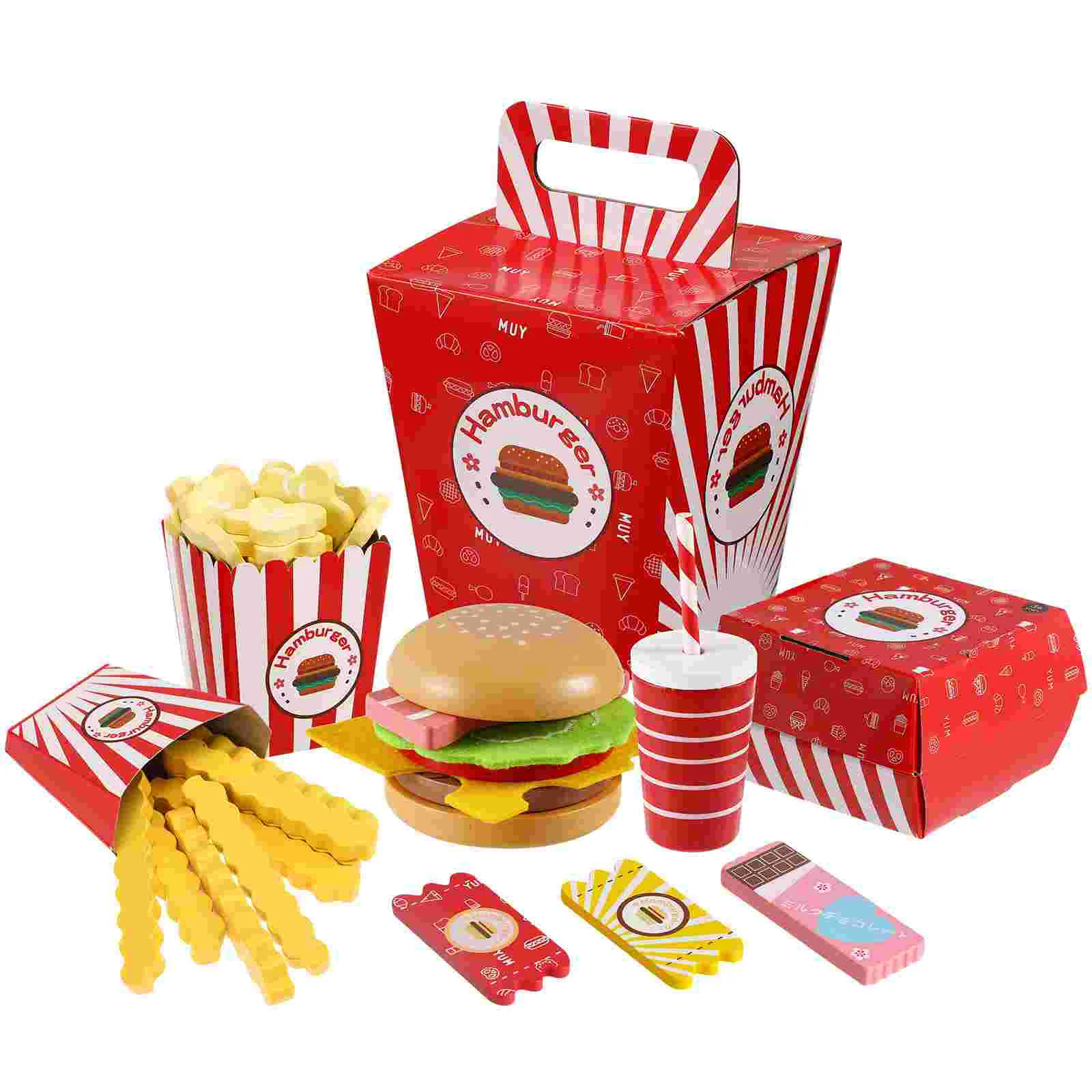 

Pretend Food Hamburger French Fries Combo Simulation Toy Fake Cosplay Kitchen Accessories Wooden Fast Playset Toddler Toys