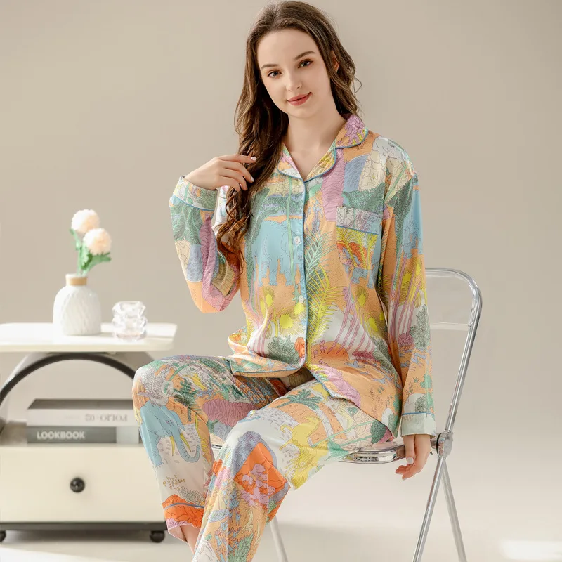 Women‘s Pajamas Sets Luxury Forest Printing Sleepwear Long Sleeved Pants Loungewear Cardigan Lapel Pijamas Soft Homewear Pyjamas