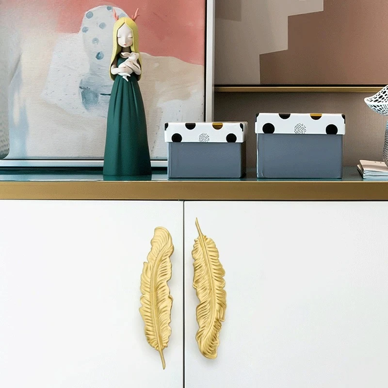Wardrobe Brass Door Handle Feather Creative American Cabinet Handle Cabinet Drawer Door French Luxury Furniture Copper Handle