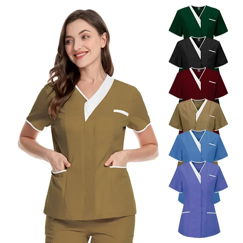 Customizable LOGO Nurse Uniform Scrubs Tops Womens Short Sleeve Pocket Overalls Uniforms Medical Nursing Working Workwear Worker