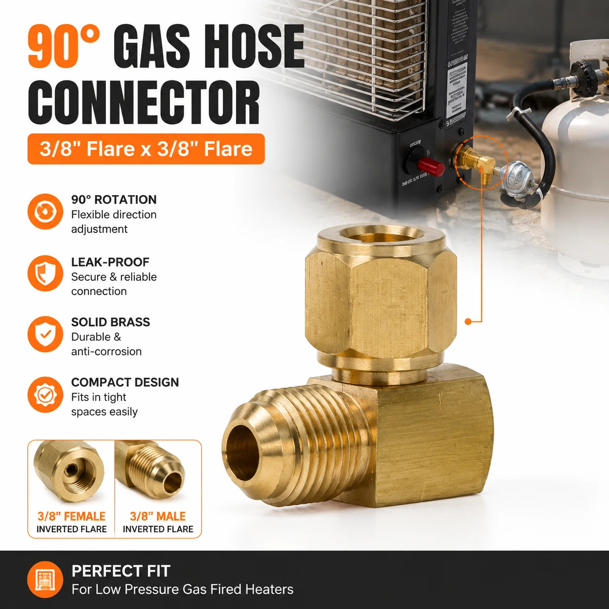 90 Degree Brass Elbow Connector 3/8 Inch Female To Male Flare Fitting For Low Pressure Gas Fired Heater Hose Replacement Part