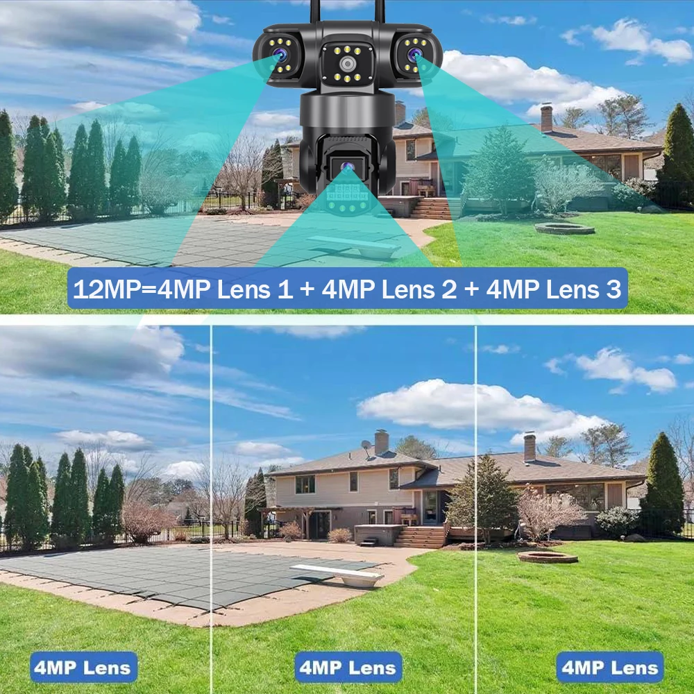 12MP สามเลนส์กล้อง IP ไร้สายกลางแจ้ง WiFi สามหน้าจอ 6K การเฝ้าระวัง Human Detection IP66 กันน้ํากล้องวงจรปิดกล้อง