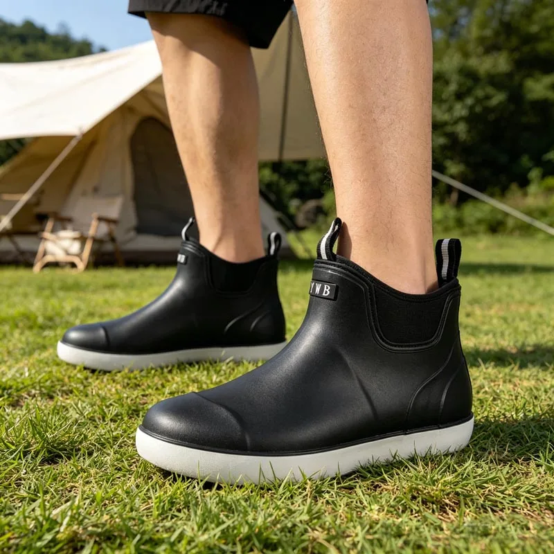 Men Short Waterproof Wading Rain Boots Low Top, Comfort Non-slip Durable Outdoor Hiking Rubber Footwear