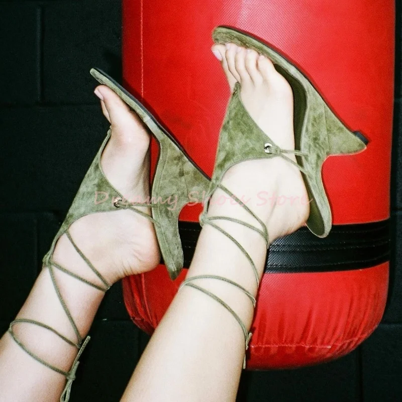 

Green Suede Wedges Heeled Lace Up Sandals Women Open Toe Ankle Strap Flip Flops High Heels Sexy Fashion Party Strange Style Shoe