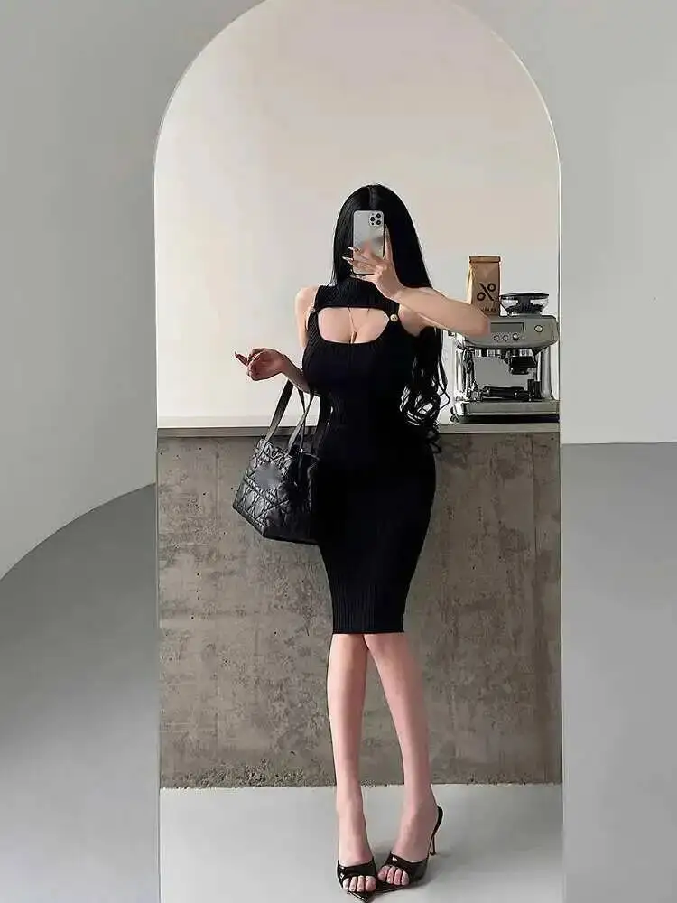 Pure Desire – robe mi-longue tricotée, Sexy, poitrine creuse, petit col haut, sans manches, enveloppant les hanches, robes élégantes, hauts 7LE7