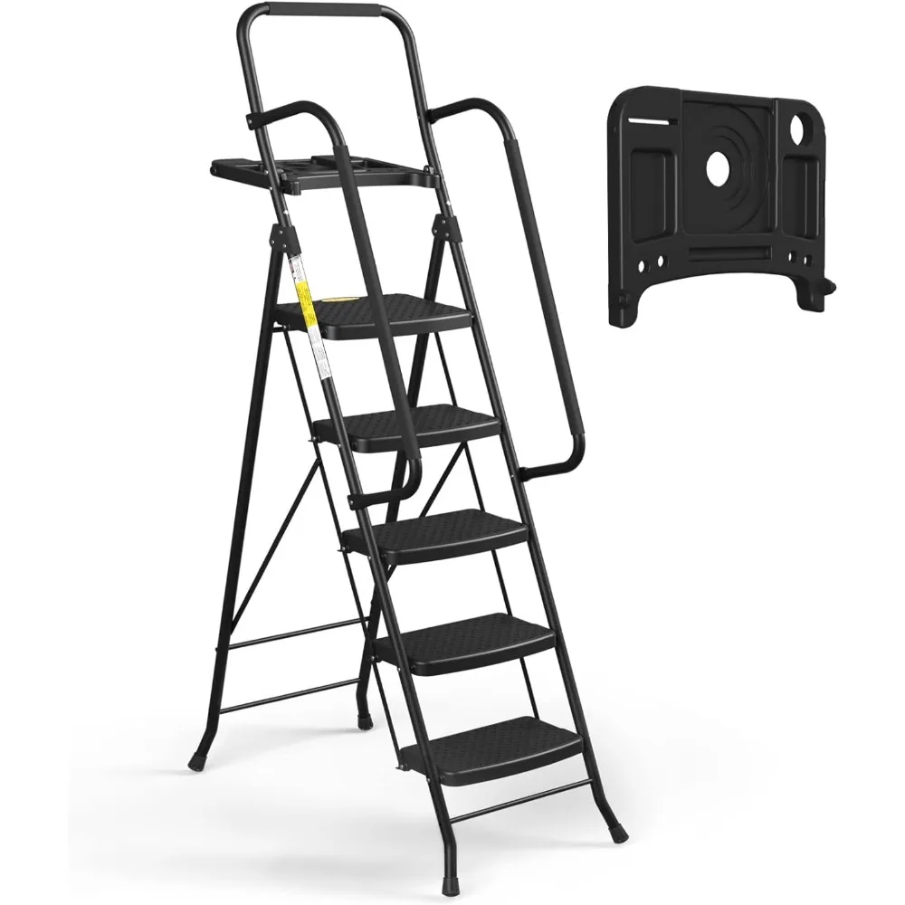 5 Step Ladder with Handrails, Folding Step Stool with Tool Platform, 330 LBS Portable Steel Ladder for Adults