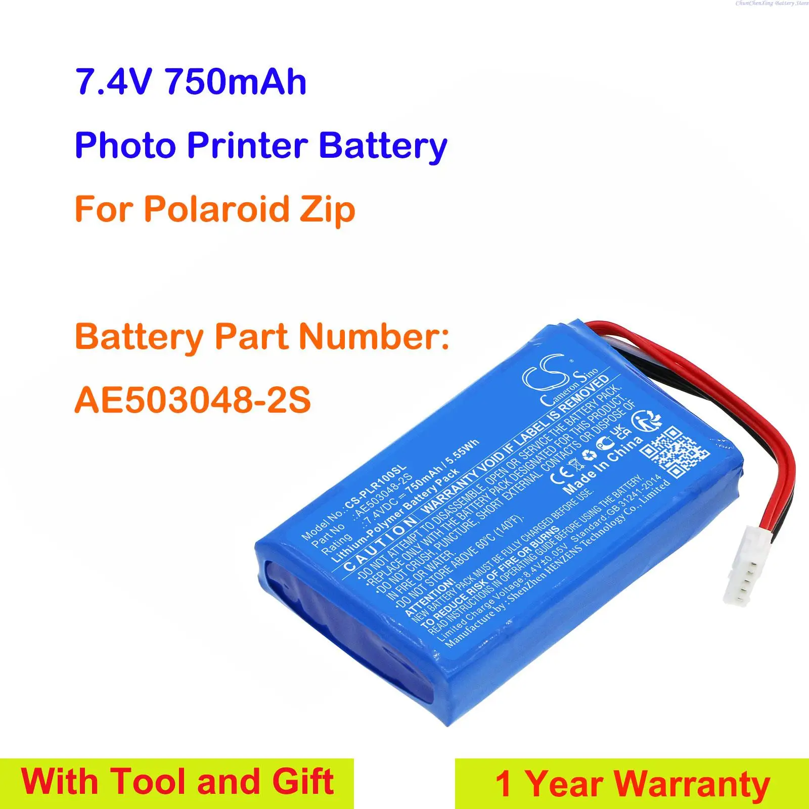 Cameron Sino 750mAh Replacement Photo Printer Battery AE503048-2S for Polaroid Zip + Tool and Gift