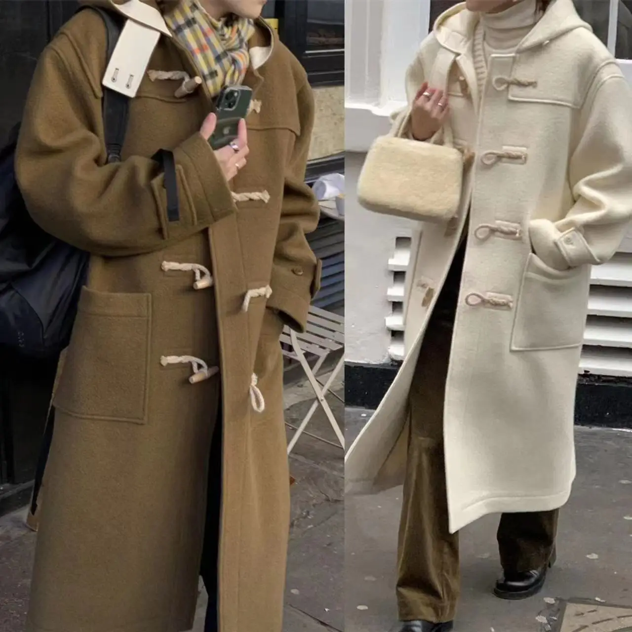 

Lerbe Meina Autumn Winter Woolen Coat Casual Briti Sle Hat with Button Coat Long Sve Commuter Sle Medium Length