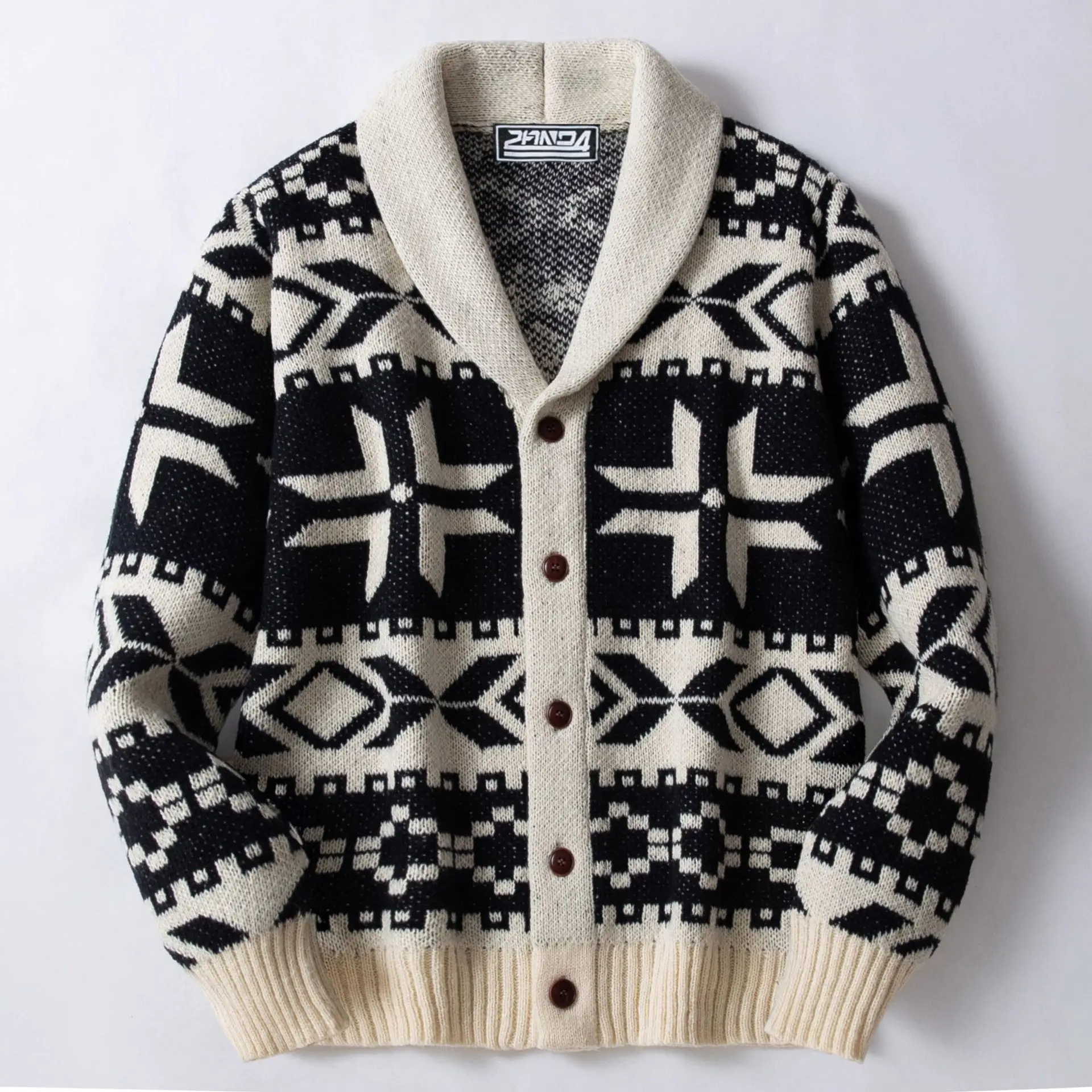 Men's Knitted Cardigan Lapel Geometric Pattern Retro Ethnic Sweater Autumn And Winter Jacket Men's Clothing